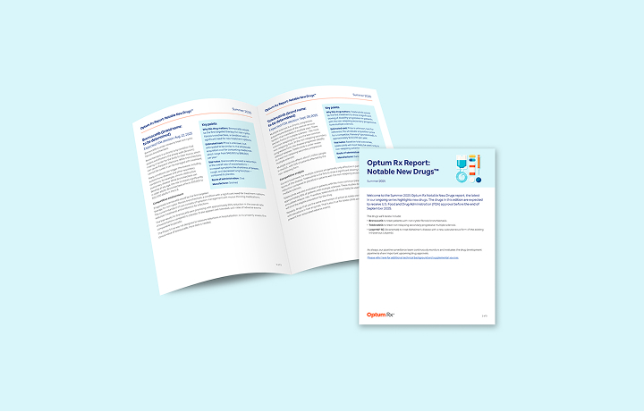 Spread of the report with an illustration of an IV bag, prescription bottle, syringe and pills. 