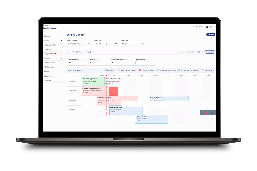 Laptop graphic with a screenshot of the Surgical Capacity module’s surgical calendar view.
