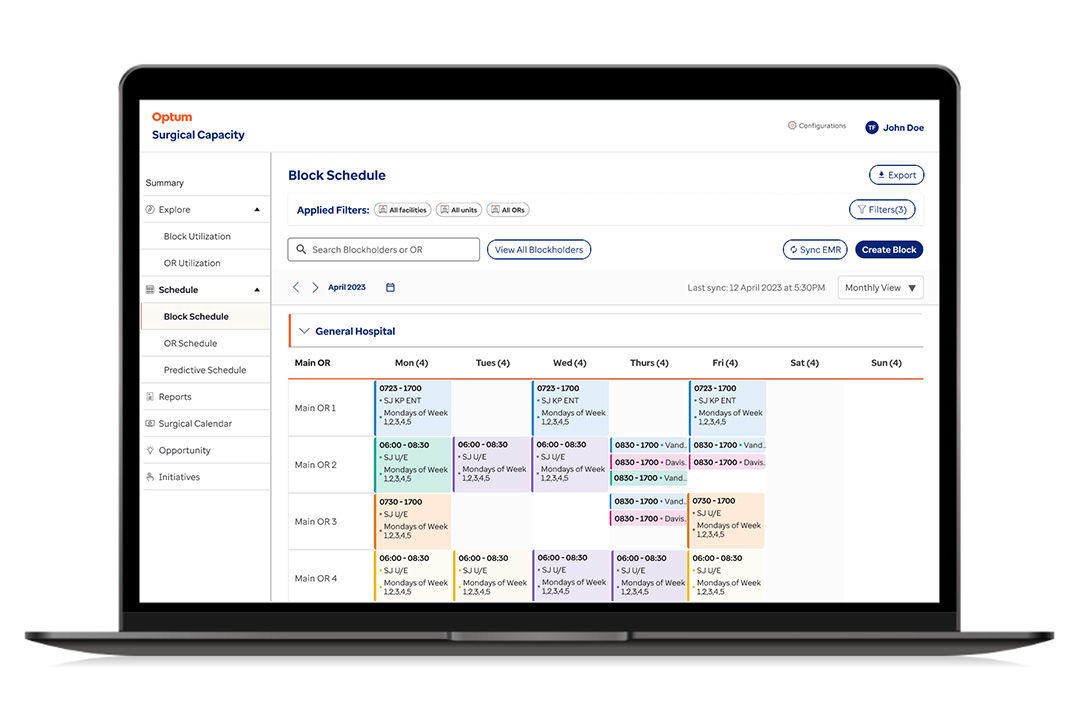 Laptop graphic with a screenshot of the Surgical Capacity module’s surgical calendar view. 