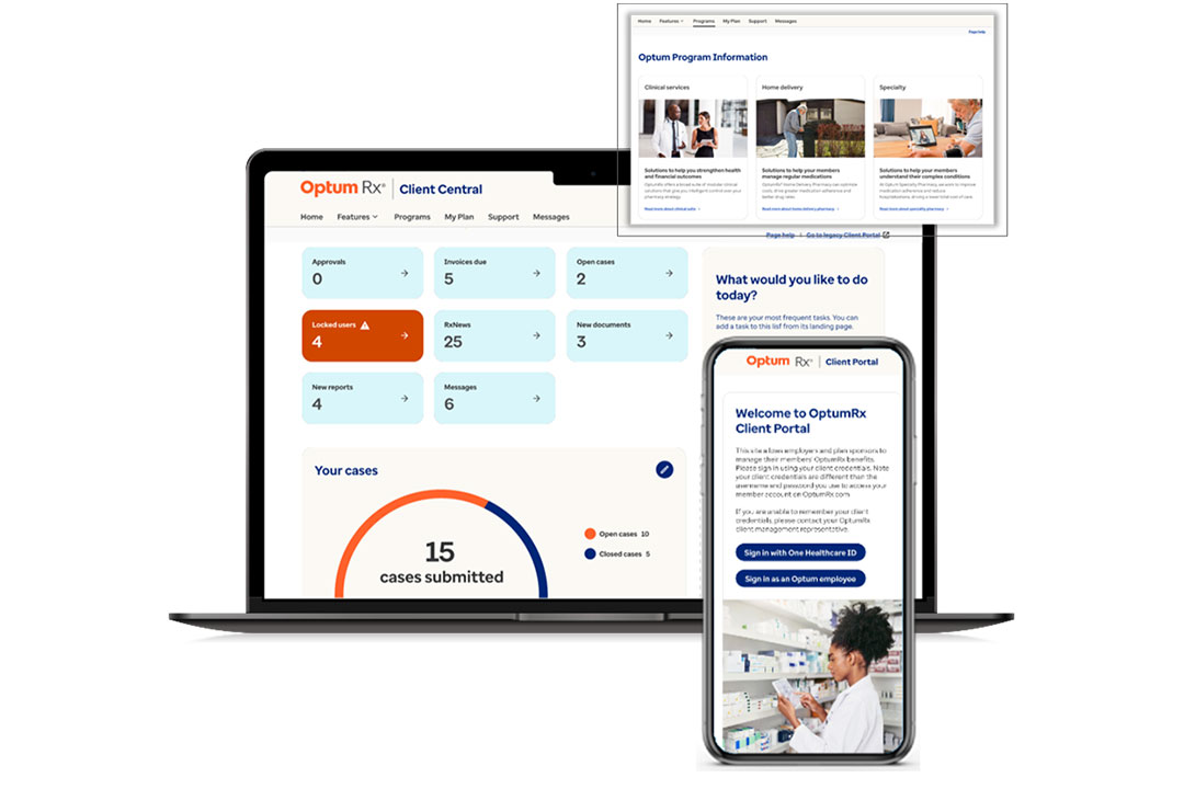 Screenshots of the Optum Rx Client Portal, Client Central